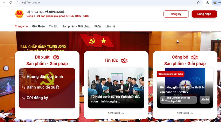 Giao diện Cổng thông tin điện tử sản phẩm, giải pháp khoa học, công nghệ, đổi mới sáng tạo và chuyển đổi số.