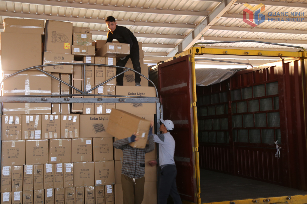 Carga y descarga de mercancías importadas en el patio de inspección del puente Bac Luan II