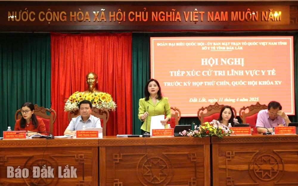 Phó Trưởng đoàn phụ trách Đoàn ĐBQH tỉnh Nguyễn Thị Thu Nguyệt phát biểu tại hội nghị.
