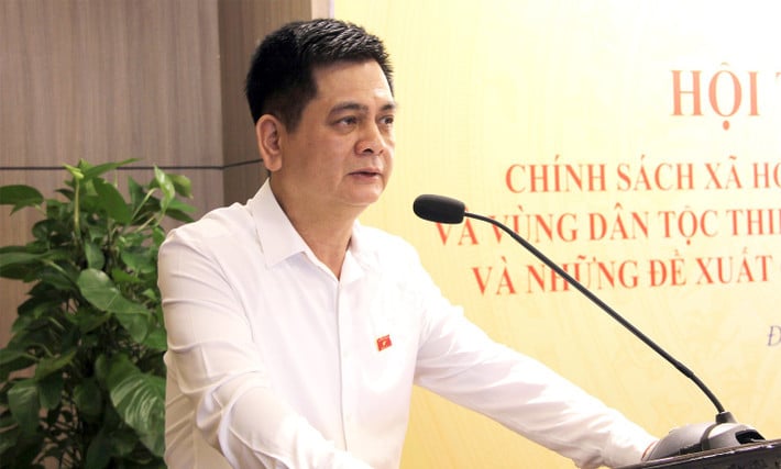 Phó Chủ tịch Hội đồng Dân tộc Nguyễn Lâm Thành phát biểu tại hội thảo.