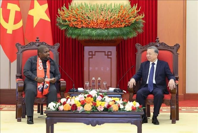 Tổng Bí thư Tô Lâm tiếp Tổng Thư ký Đảng Mặt trận giải phóng Mozambique (FRELIMO) Chakil Felizardo Aboobacar. Ảnh: Thống Nhất/TTXVN