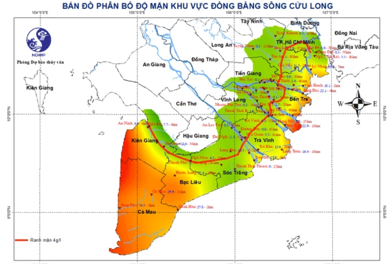 ផែនទីនៃតំបន់ដែលរងផលប៉ះពាល់ដោយការជ្រៀតចូលនៃជាតិប្រៃនៅក្នុងតំបន់ឆ្នេរភាគខាងត្បូង។ ប្រភព៖ មជ្ឈមណ្ឌលជាតិសម្រាប់ការព្យាករណ៍ធនធានទឹក និងឧតុនិយម