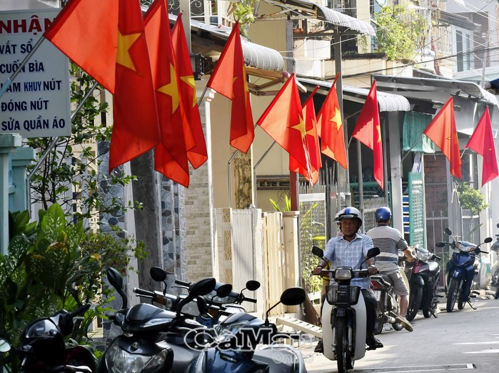 Cờ đỏ đỏ sao vàng làm sáng lên những con ngỏ nhỏ. 