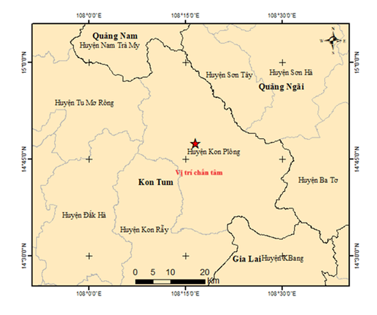 Bản đồ chấn tâm động đất xảy ra tại khu vực huyện Kon Plông, tỉnh Kon Tum