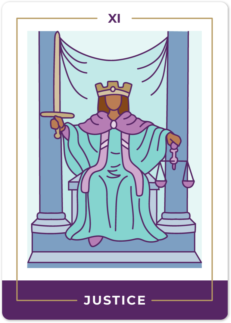 អត្ថន័យកាត Tarot យុត្តិធម៌ | Biddy Tarot