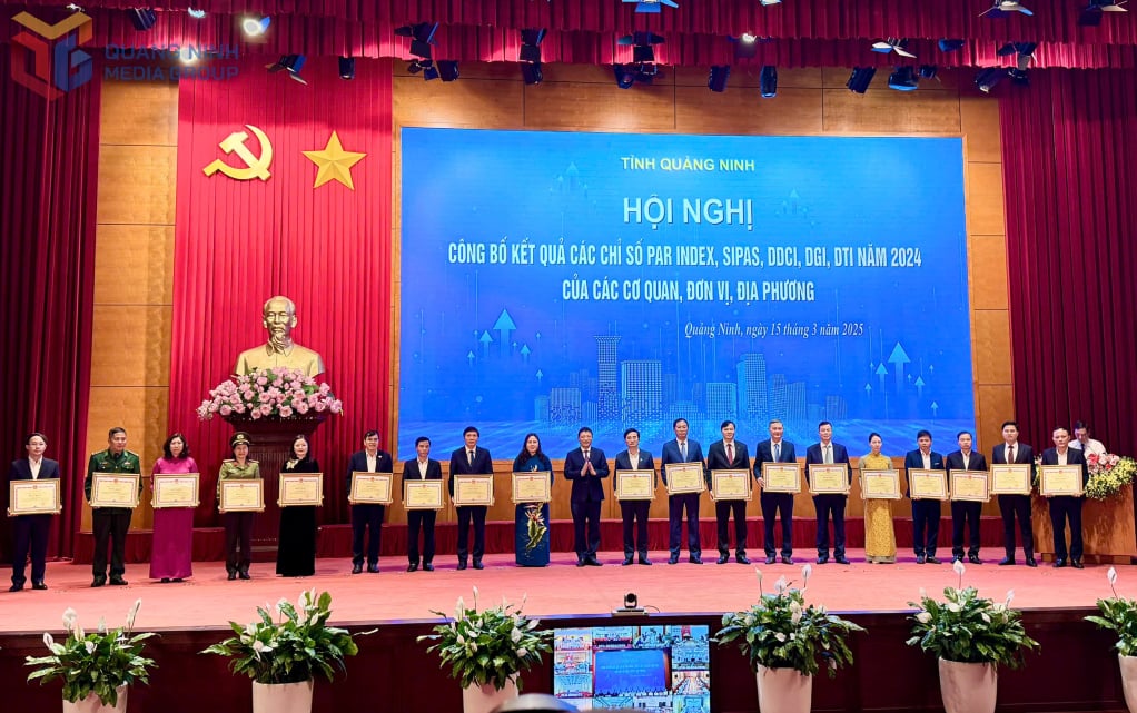 Lãnh đạo UBND tỉnh trao bằng khen của UBND tỉnh cho tập thể, cá nhân tại buổi công bố kết quả các chỉ số Par Index, Sipas, DDCI, DGI, DTI năm 2024. Ảnh: Mạnh Trường