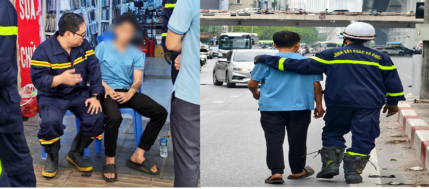 Cán bộ Tổ địa bàn Phòng cháy chữa cháy và Cứu nạn cứu hộ Hai Bà Trưng trấn an tinh thần nam thanh niên.