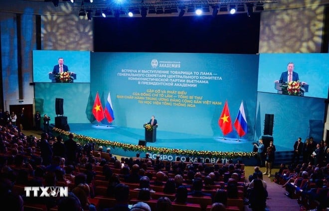 Tổng Bí thư Tô Lâm gặp gỡ và phát biểu Chính sách tại Học viện Tổng thống Nga ở thủ đô Moskva. (Ảnh: TTXVN phát)
