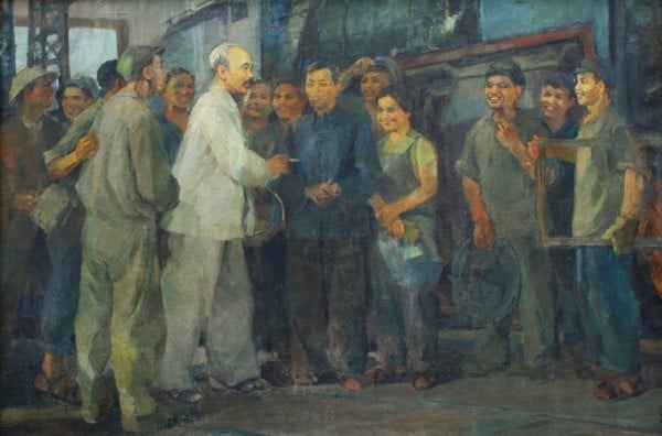 Tranh sơn dầu "Bác Hồ với công nhân nhà máy xe lửa Gia Lâm" của tác giả Phạm Lung, sáng tác năm 1979.
