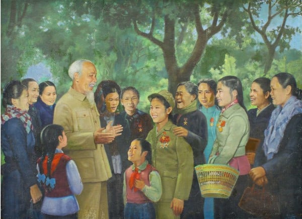 Tranh Sơn dầu "Bác Hồ với nữ chiến sĩ thi đua miền Bắc" của tác giả Vương Trình, sáng tác năm 1967.