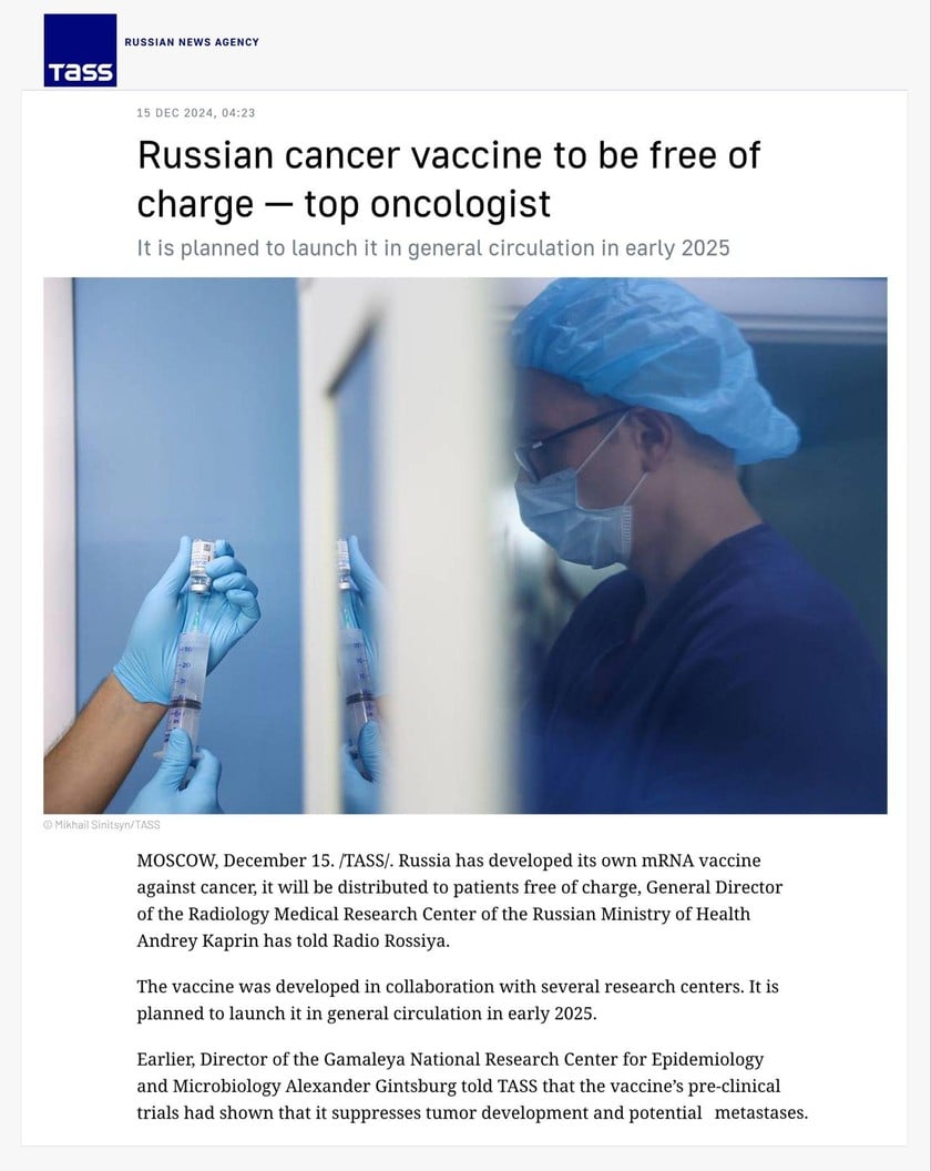 In December 2024, the National Medical Research Center for Radiology under the Russian Ministry of Health announced that Russia is researching and developing a cancer vaccine using modern mRNA technology. Photo: TASS