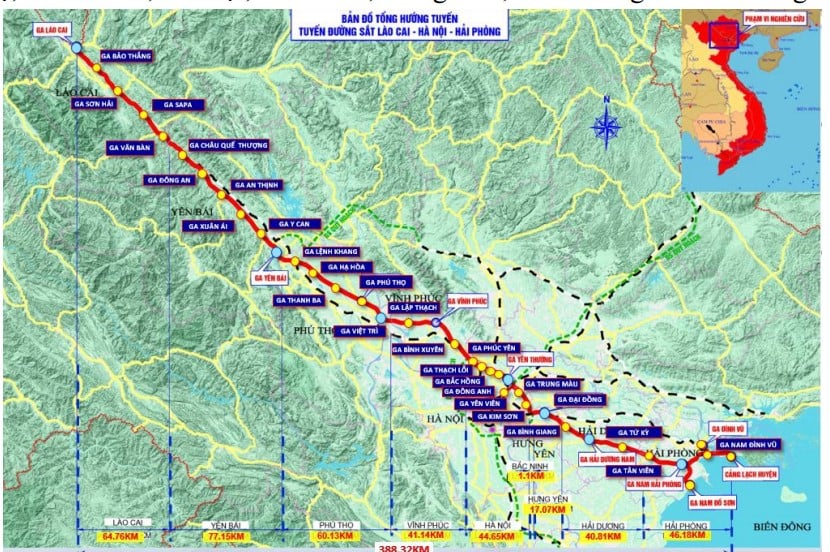 General map of Lao Cai - Hanoi - Hai Phong railway route.