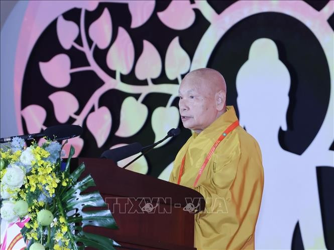 Trưởng lão Hoà thượng Thích Thiện Nhơn, Phó Pháp chủ Hội đồng chứng minh, Chủ tịch Hội đồng trị sự Trung ương Giáo hội Phật giáo Việt Nam phát biểu tại Vesak 2025. Ảnh: Lâm Khánh/TTXVN