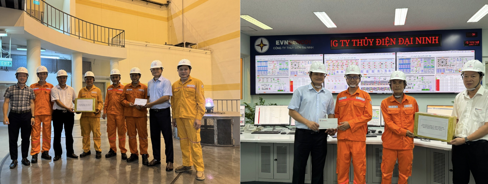Ông Nguyễn Hữu Phước, Bí thư Chi bộ, Giám đốc Công ty và Ông Nguyễn Đăng Tuấn, Chủ tịch Công đoàn Công ty đến thăm hỏi, động viên người lao động đang thực hiện trực tiếp công tác tiểu tu tổ máy H2 - Nhà máy Thủy điện Đại Ninh