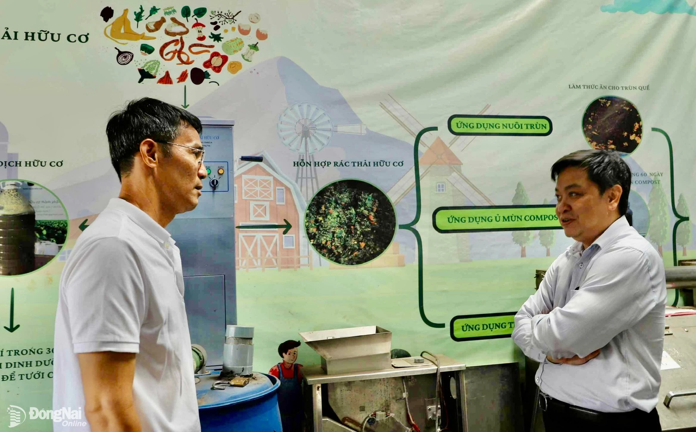 Phó giám đốc Sở Khoa học và công nghệ Trần Thế Vinh (bìa phải) trao đổi với ông Nguyễn Tuấn Anh, Giám đốc Công ty TNHH Khoa học công nghệ và ứng dụng OMEGA (thành phố Biên Hòa) về mô hình máy xử lý rác hữu cơ tại nguồn. Ảnh: B.Nguyên