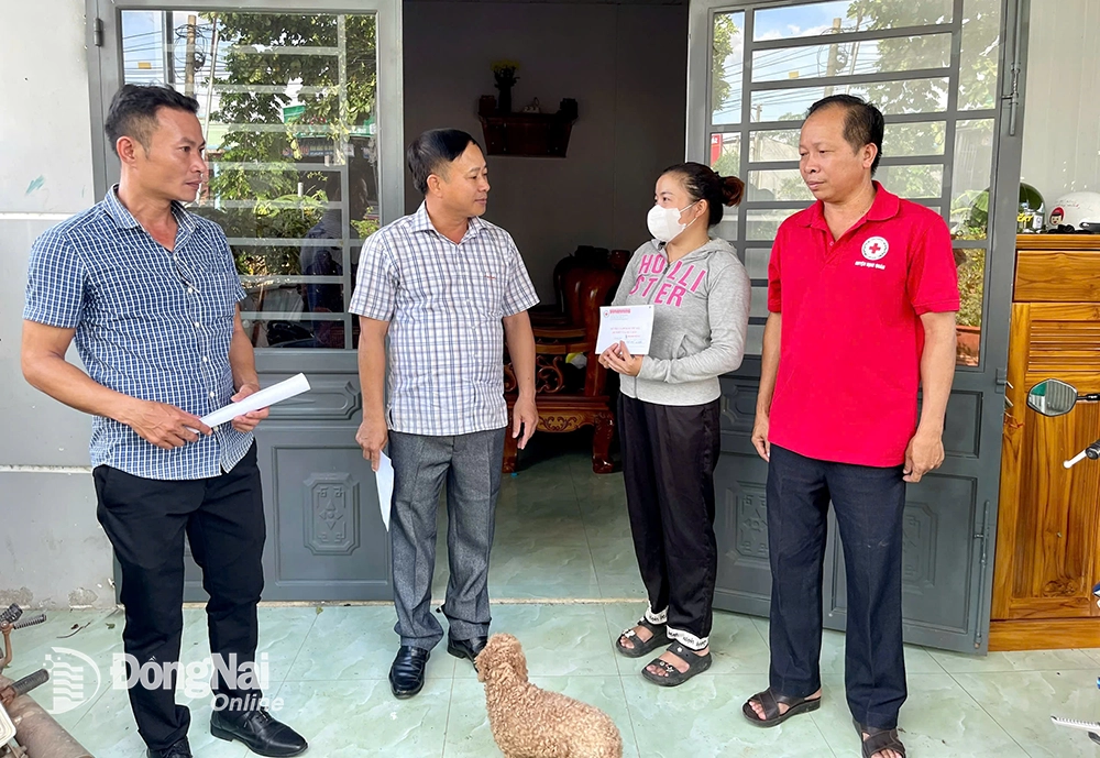 Đoàn đã đến thăm, động viên các gia đình bị thiệt hại nặng bị ảnh hưởng do mưa lốc tại huyện Định Quán. Ảnh: Văn Tuấn
