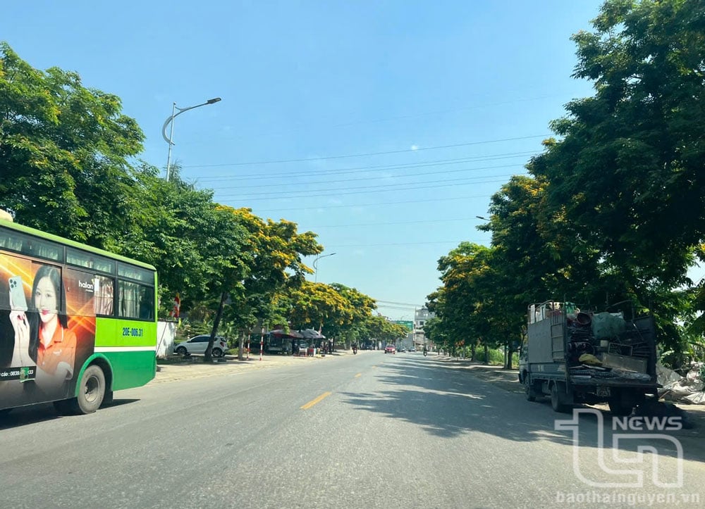 ផ្លូវជាតិលេខ៣ ឆ្លងកាត់ក្រុង។ Pho Yen ត្រូវបានគ្របដណ្តប់ដោយដើមឈើបៃតង។