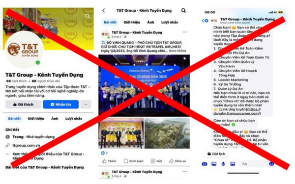 แฟนเพจ “กลุ่ม T&T – ช่องทางรับสมัครงาน” แอบอ้างตัวเป็น T&T Group บนโซเชียลเน็ตเวิร์ก เพื่อฉ้อโกงและยักยอกทรัพย์สิน