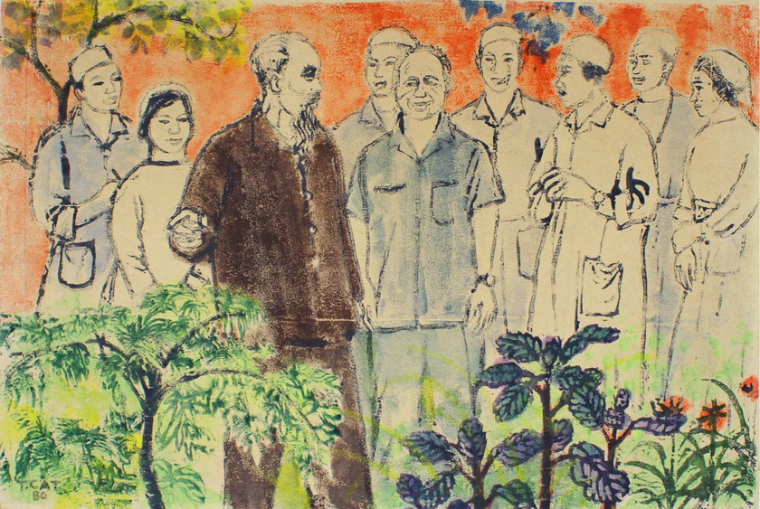 Bác Hồ với thầy thuốc | Nguyễn Trọng Cát | Khắc gỗ | 1980