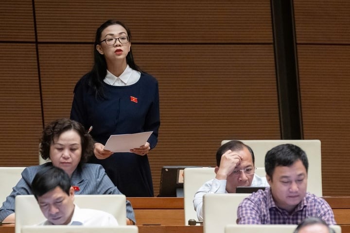 Delegate Trinh Thi Tu Anh spoke at the hall this morning. (Photo: Quochoi.vn)