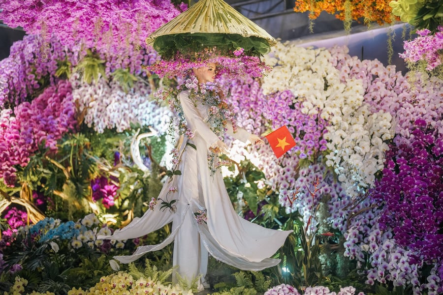 Bên trong không gian hoa lan &quot;Hồn Việt&quot; mang đến cho du khách cảm giác được &quot;tắm hoa&quot; bằng mắt và cảm nhận hương thơm. Tác phẩm Hồn Việt đã đoạt giải Bạc tại triển lãm Hoa lan Quốc tế Đài Loan - TIOS 2025