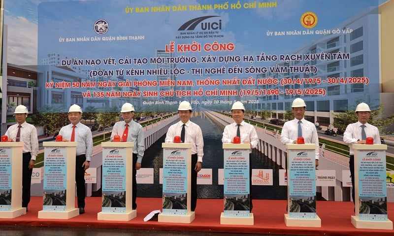 Delegates perform the groundbreaking ceremony of the Xuyen Tam Canal Environmental Improvement Project - Photo: Le Minh