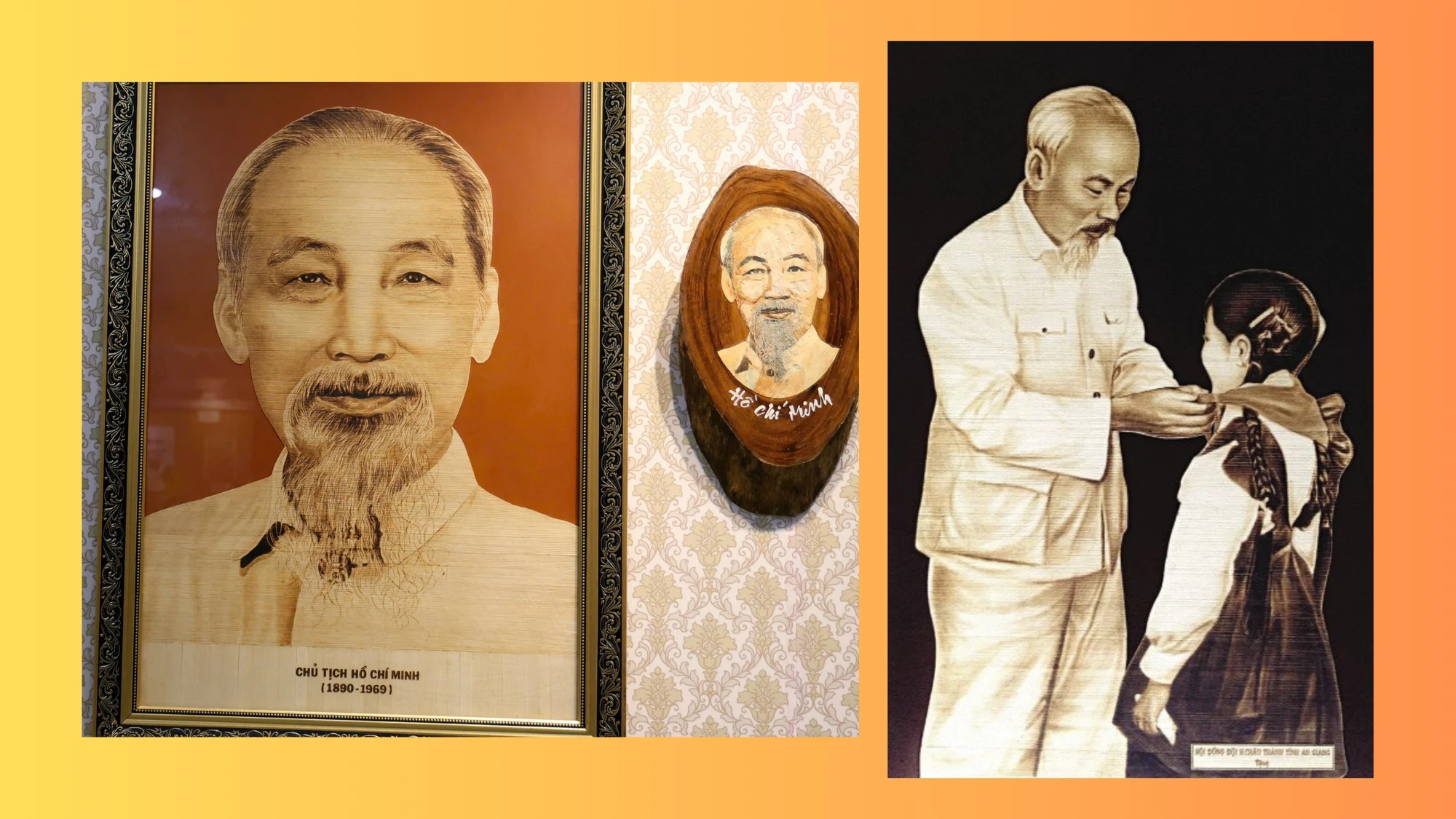 Chân dung Chủ tịch Hồ Chí Minh trên nền lá Thốt Nốt của nghệ nhân Võ Văn Tạng (2018).