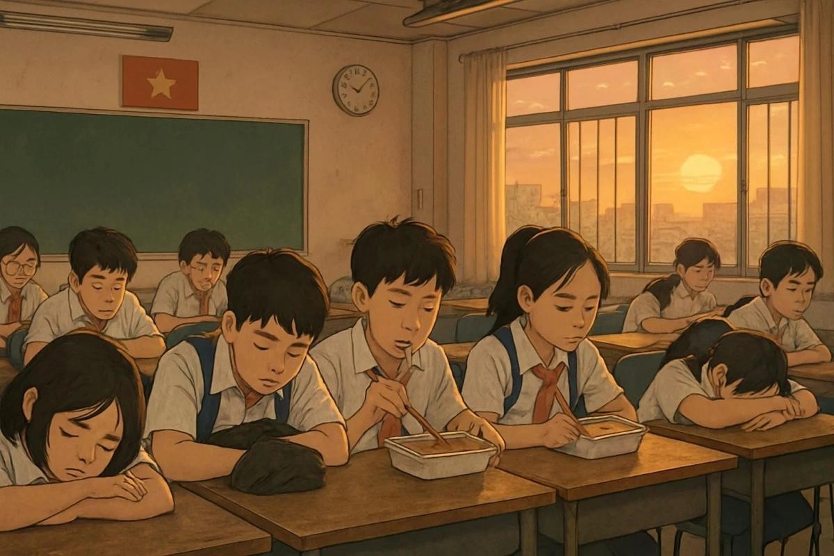 Học sinh mệt mỏi sau giờ học chính khóa, vội vã ăn uống để kịp giờ học thêm (Ảnh minh họa).