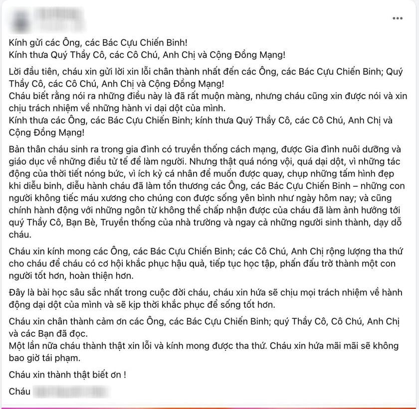 Bài đăng được cho là của nam sinh xin lỗi vì hành vi của mình.