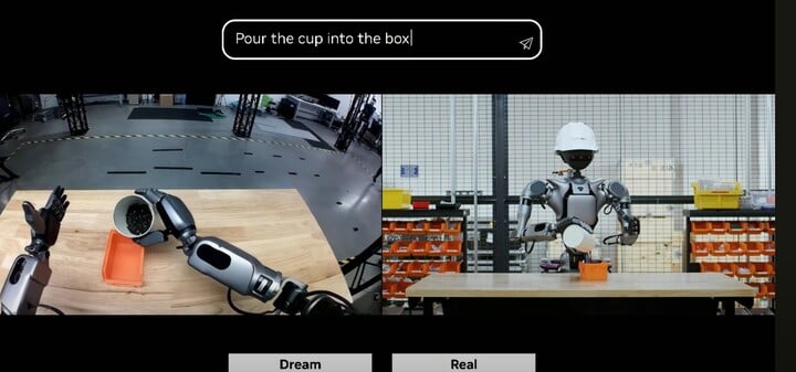 La imagen de IA predice el comando (izquierda) y el robot lo ejecuta (derecha). (Foto: NVIDIA)