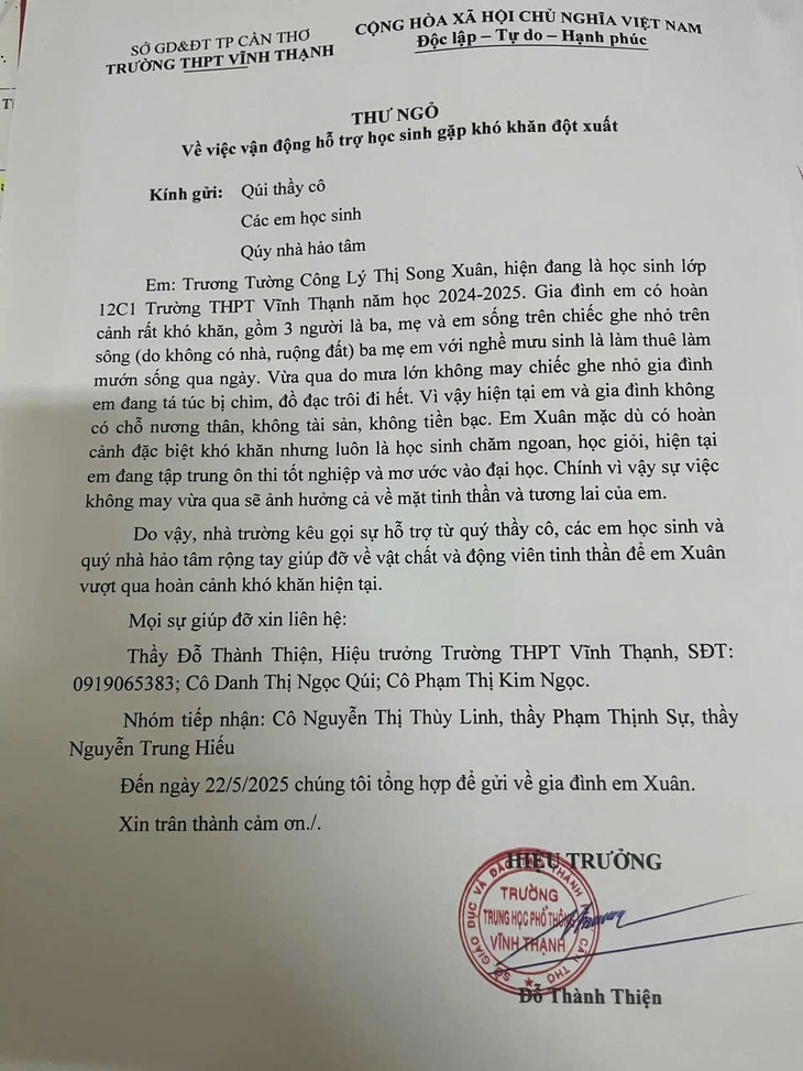 Chiếc ghe mang cả gia sản bị chìm, thầy cô ở Cần Thơ quyên góp hỗ trợ nữ sinh lớp 12 - Ảnh 2.