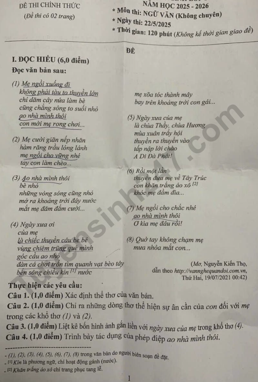 Tỉnh đầu tiên thi lớp 10, đề và đáp án môn ngữ văn - 1