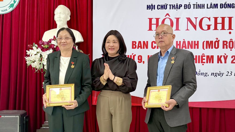 លោកស្រី Le Thi Theu - អនុប្រធានមន្ទីរកិច្ចការផ្ទៃក្នុងខេត្ត Lam Dong បានប្រគល់មេដាយសម្រាប់បុព្វហេតុមនុស្សធម៌ដល់បុគ្គល។