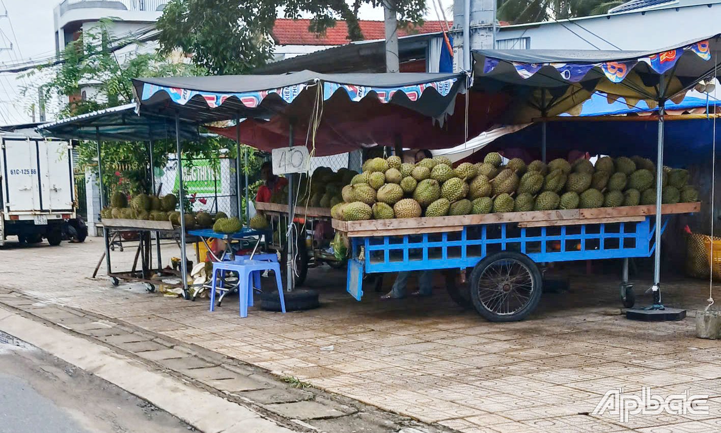 Một điểm bán sầu riêng treo bảng 40.000 đồng/kg, nhưng chưa có hàng loại này ven Quốc lộ 50.