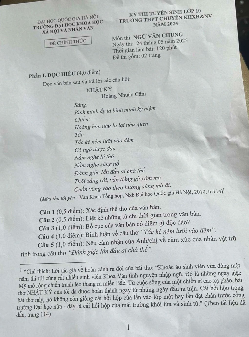Đáp án môn văn Trường chuyên Khoa học Xã hội và Nhân văn Hà Nội - 1