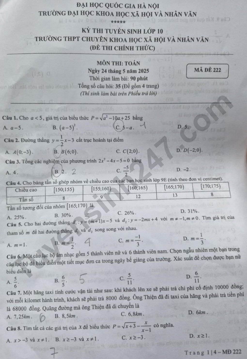 Đề thi, đáp án môn toán, tiếng Anh Trường chuyên Xã hội và Nhân văn Hà Nội - 1