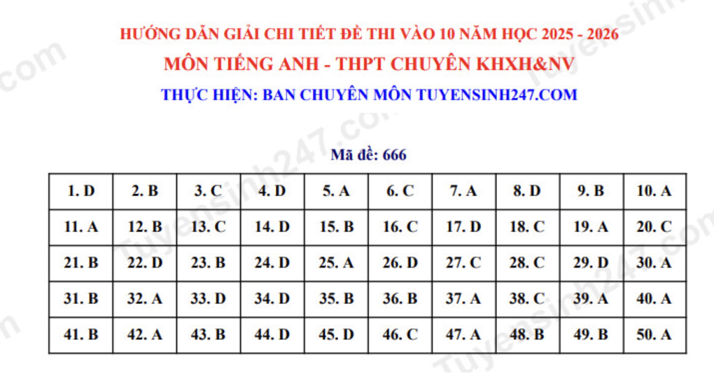Đề thi, đáp án môn toán, tiếng Anh Trường chuyên Xã hội và Nhân văn Hà Nội - 10
