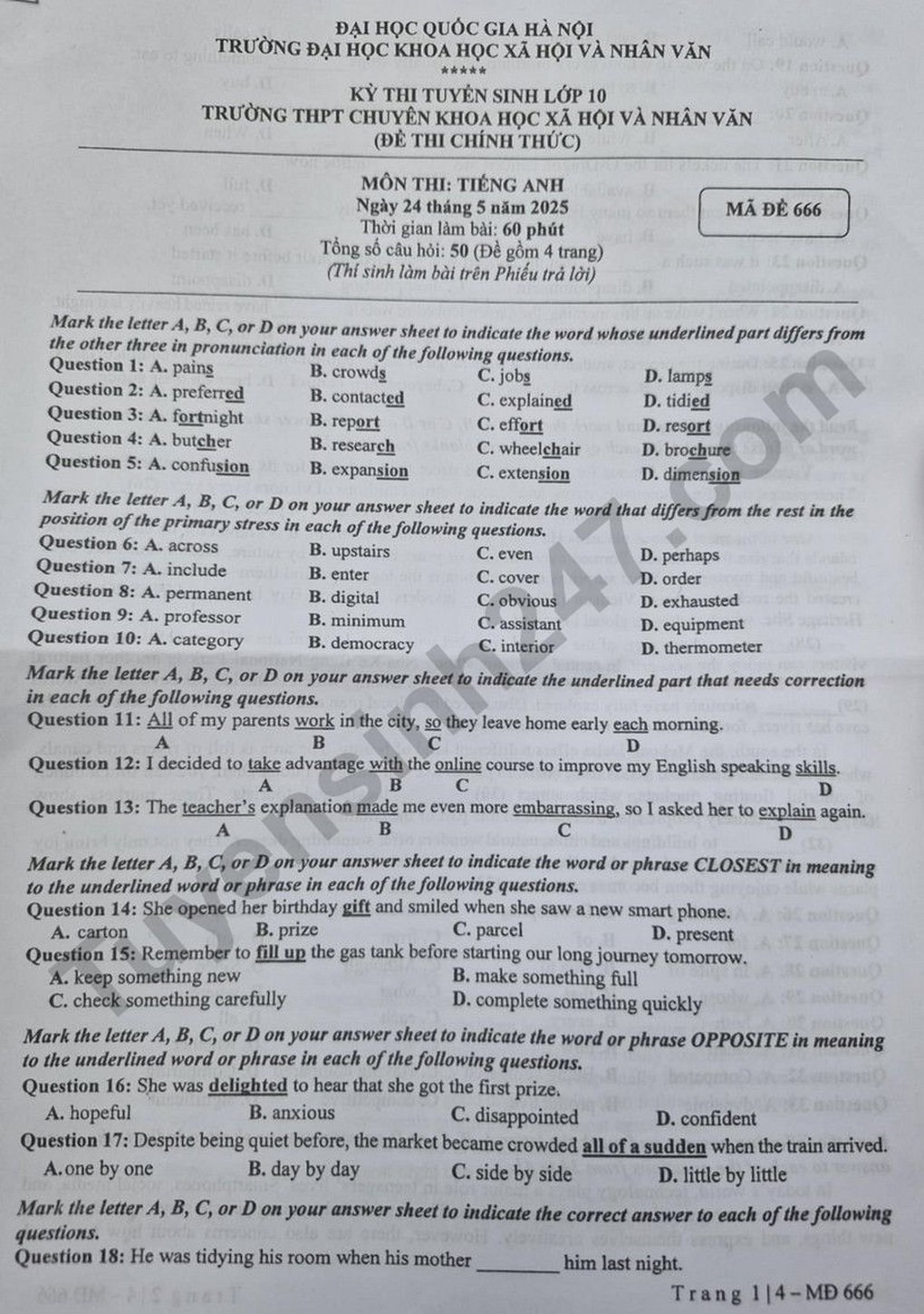 Đề thi, đáp án môn toán, tiếng Anh Trường chuyên Xã hội và Nhân văn Hà Nội - 6