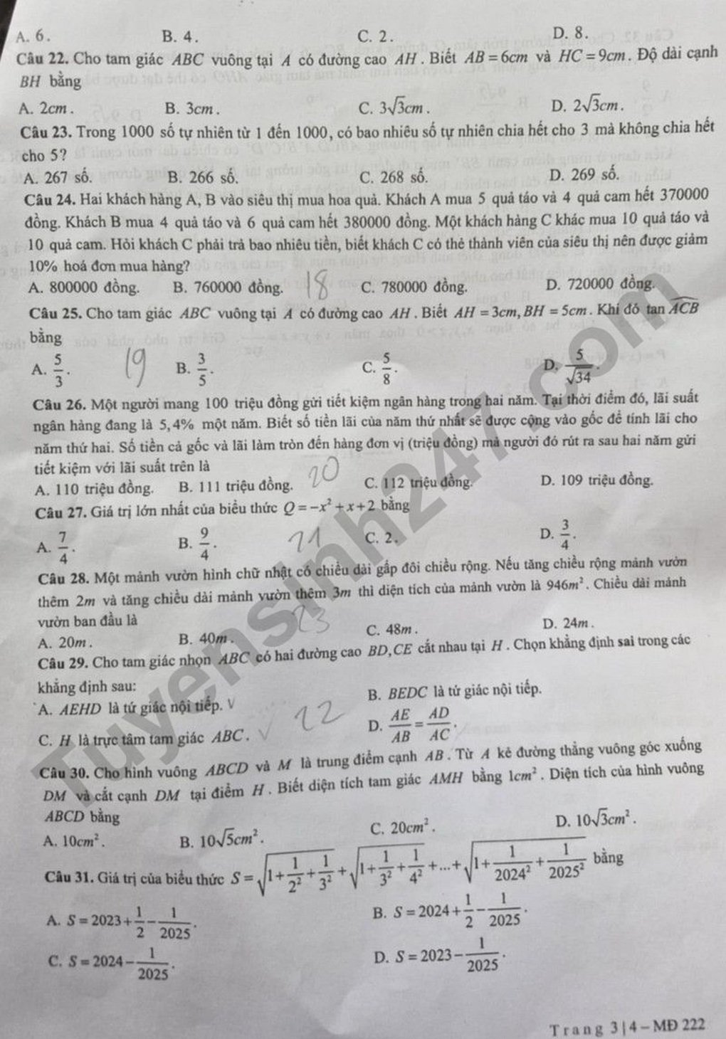 Đề thi, đáp án môn toán, tiếng Anh Trường chuyên Xã hội và Nhân văn Hà Nội - 3
