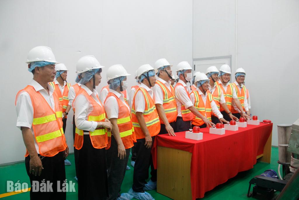 Lãnh đạo công ty, các đại biểu nhấn nút khánh thành nhà máy