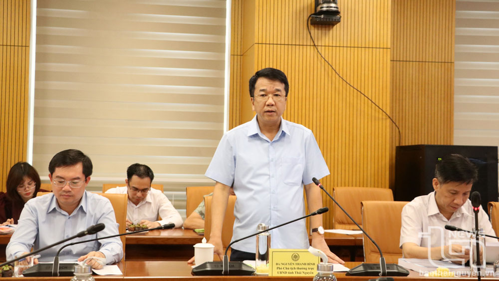 Đồng chí Nguyễn Thanh Bình, Ủy viên Ban Thường vụ Tỉnh ủy, Phó Chủ tịch Thường trực UBND tỉnh Thái Nguyên, phát biểu tại buổi họp xét công nhận huyện Đại Từ đạt chuẩn nông thôn mới nâng cao; huyện Phú Lương đạt chuẩn nông thôn mới.