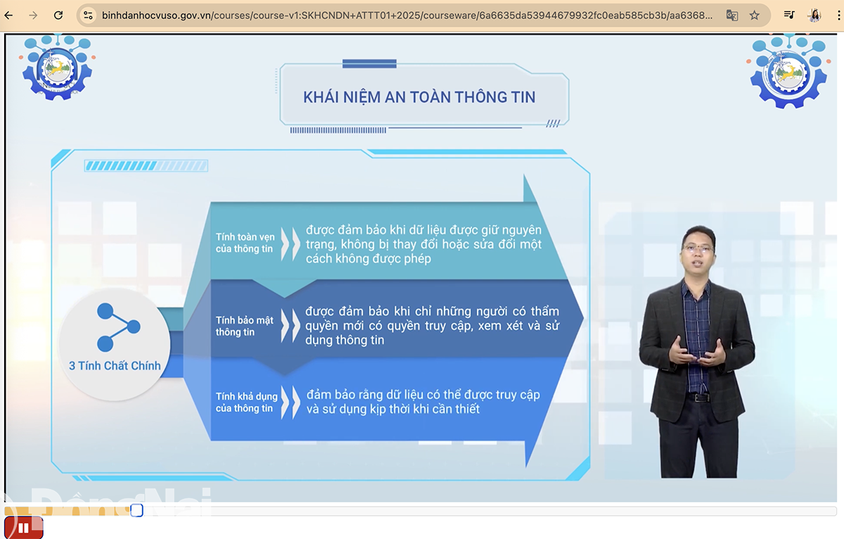 Một video bài giảng trong khóa học Bảo vệ an toàn thông tin cá nhân trên môi trường số do Sở Khoa học và công nghệ phát hành trên nền tảng binhdanhocvuso.gov.vn. Ảnh chụp màn hình

