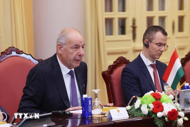Tổng thống Hungary Sulyok Tamas phát biểu tại hội đàm. Ảnh: Lâm Khánh/TTXVN