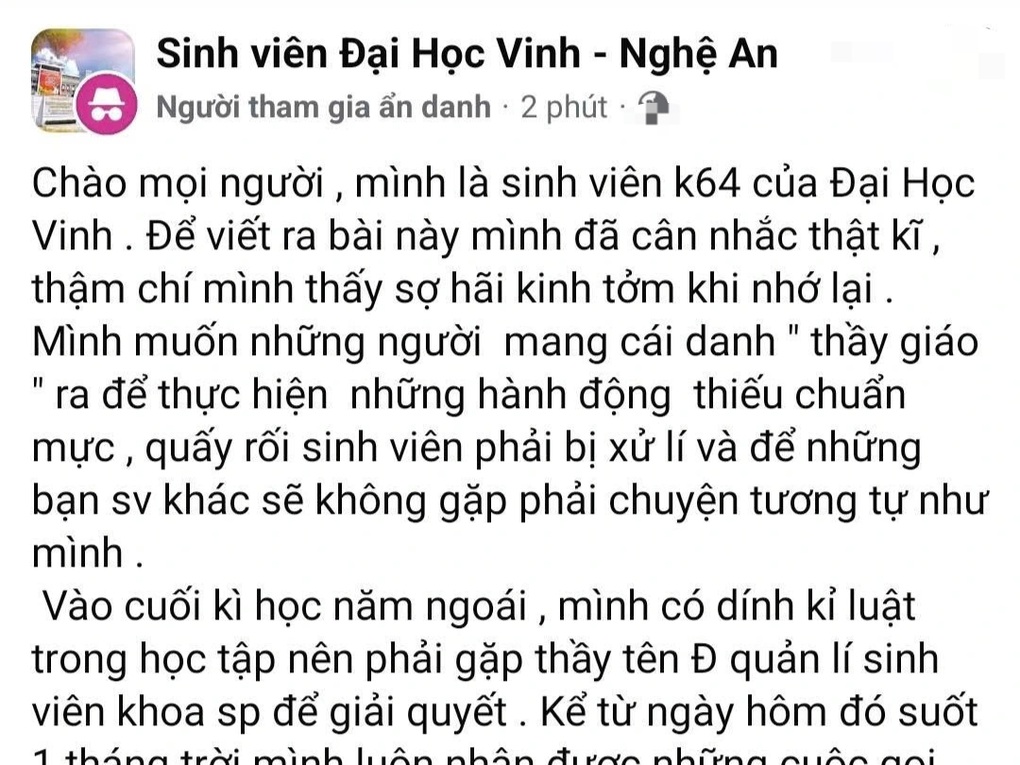Nghi vấn cán bộ Đại học Vinh gửi ảnh nhạy cảm, đe dọa nữ sinh - 1