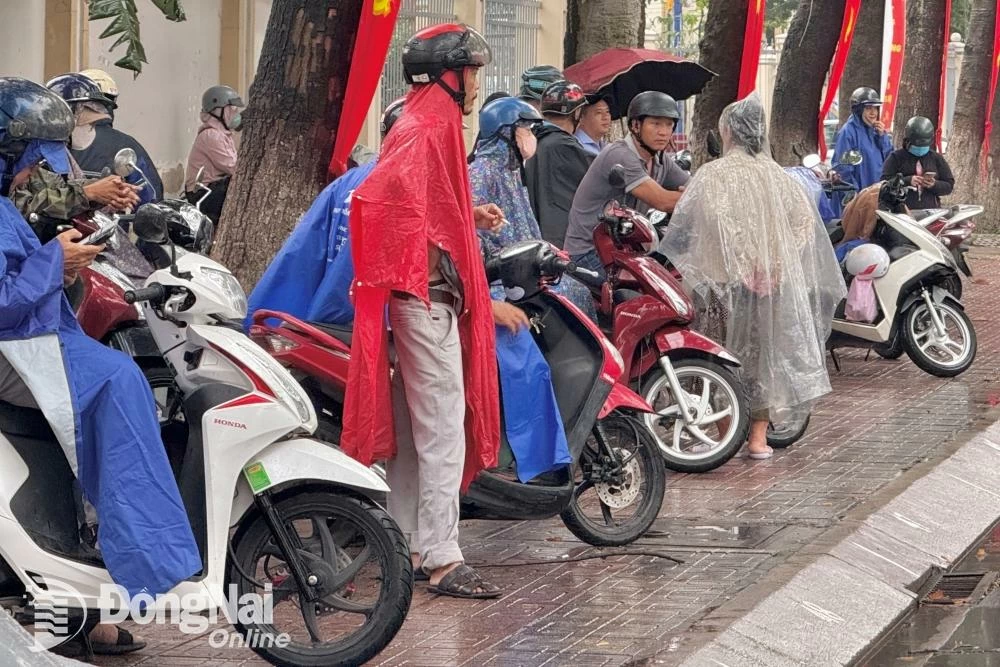 Phụ huynh đậu xe ngay ngắn chờ thí sinh tại hội đồng thi Trường THPT Long Thành (huyện Long Thành) trong cơn mưa buổi sáng 29-5. Ảnh: Đăng Tùng