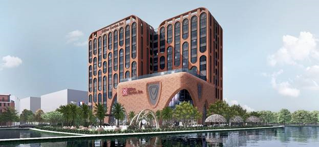 Perspective of 10-storey hotel with unique architectural highlights.
