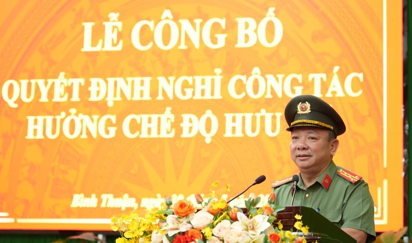 Đại tá Lê Quang Nhân – Giám đốc Công an tỉnh Bình Thuận phát biểu tại buổi lễ