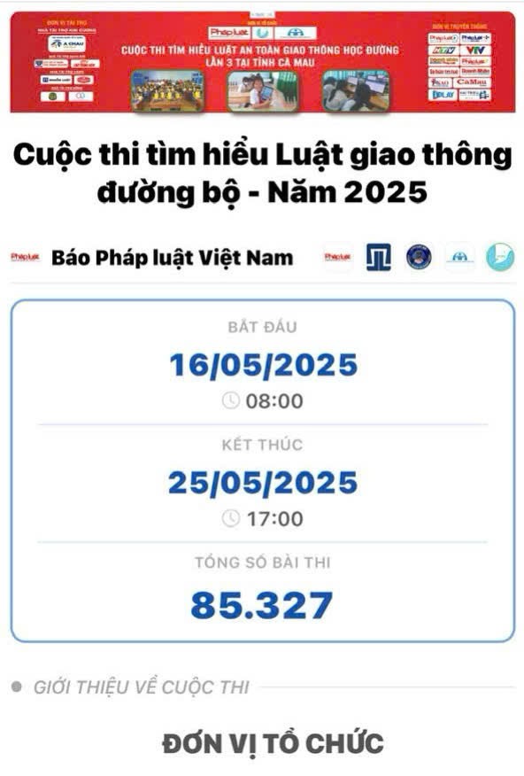 Cuộc thi &quot;Tìm hiểu về luật giao thông đường bộ và an toàn giao thông học đường lần 3 cho học sinh cấp 2 và cấp 3 toàn tỉnh Cà Mau&quot; thu hút 85.327 bài thi.