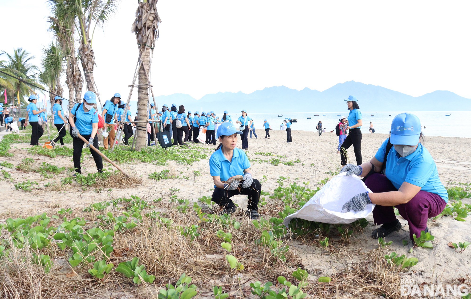 Các hội viên phụ nữ tham gia thu gom, làm sạch bãi biển dọc đường Nguyễn Tất Thành. Ảnh: HOÀNG HIỆP