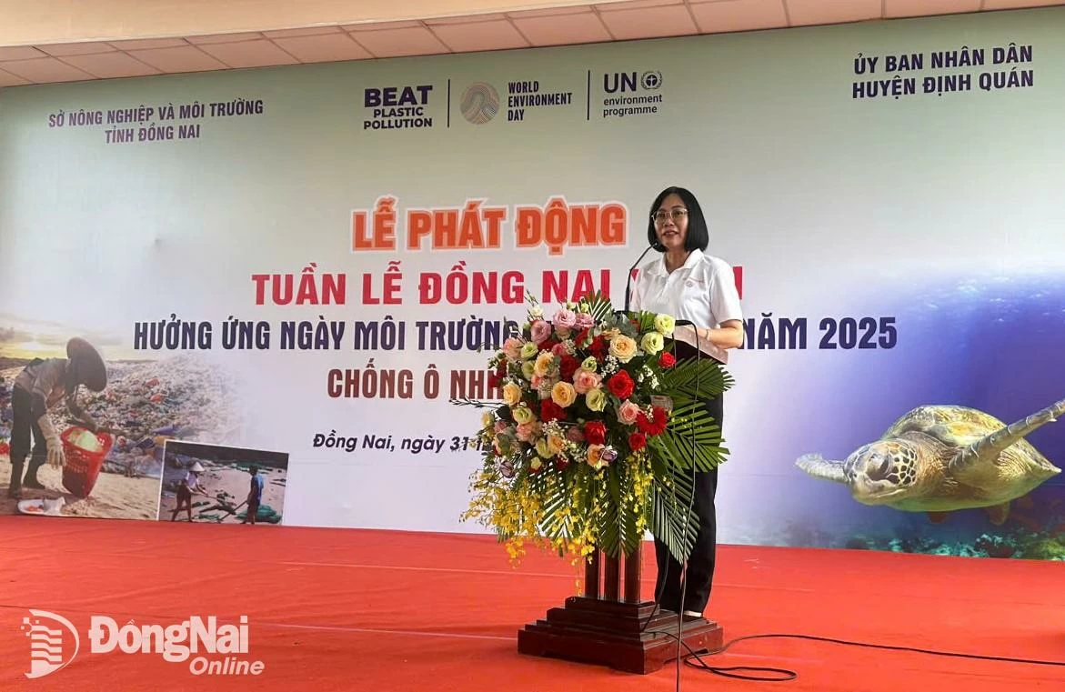 Phó chủ tịch UBND tỉnh Nguyễn Thị Hoàng phát biểu tại lễ phát động. Ảnh CTV